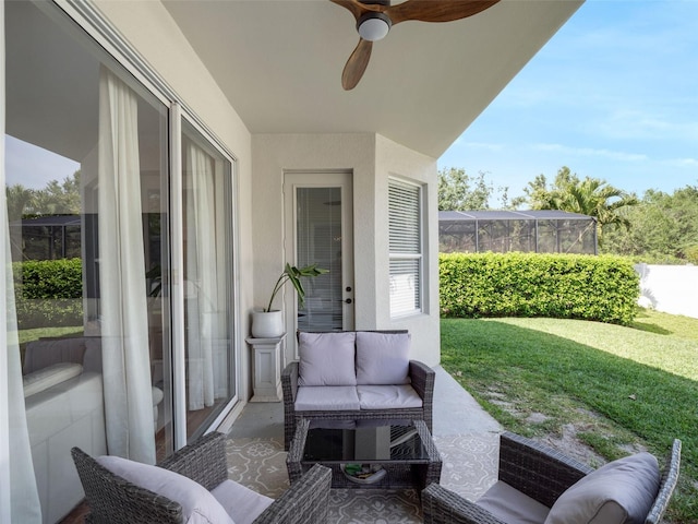 13156 Hatherton Cir, Orlando, FL 32832 - view of patio / terrace featuring ceiling fan, an outdoor living space, and a lanai