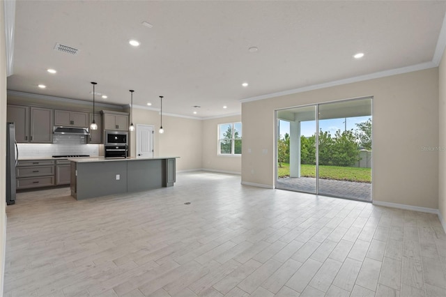 10245 Park Estates Ave, Orlando, FL 32836 - kitchen featuring gray cabinetry, appliances with stainless steel finishes, open floor plan, baseboards, and under cabinet range hood