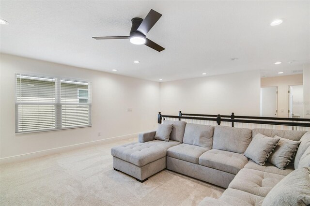 14655 Erice Ave, Clermont, FL 34714 - living room with recessed lighting, a ceiling fan, light colored carpet, and baseboards