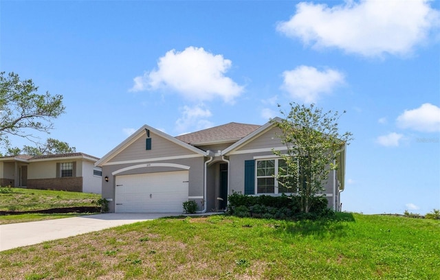 2135 E Old Mill Dr, Deltona, FL 32725 - ranch-style house with a garage, driveway, a front lawn, and stucco siding