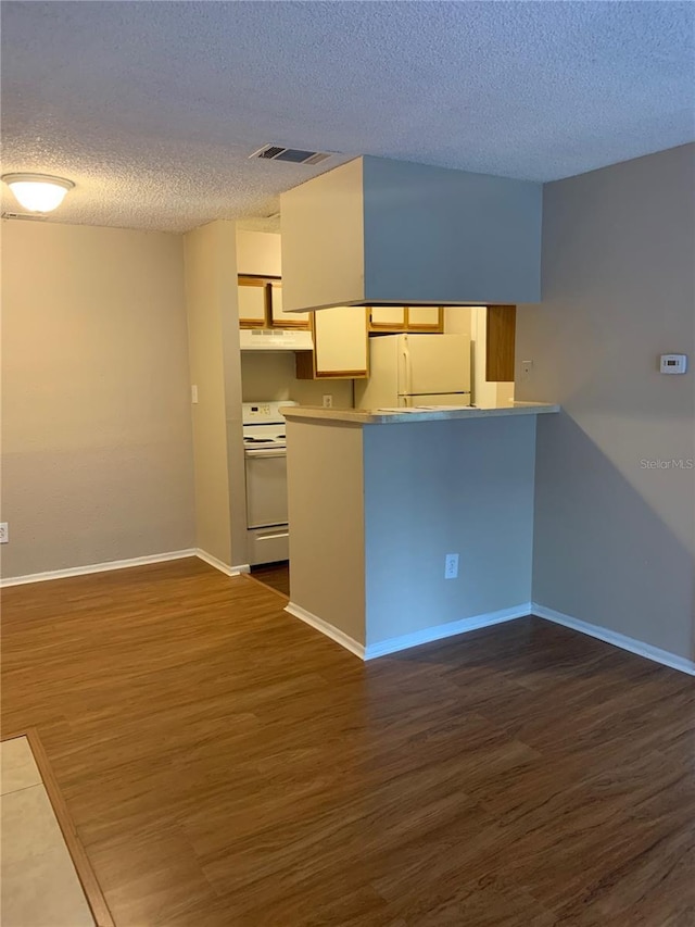 238 Afton Sq Unit 106, Altamonte Springs, FL 32714 - kitchen with white appliances, a textured ceiling, dark wood finished floors, under cabinet range hood, and a peninsula
