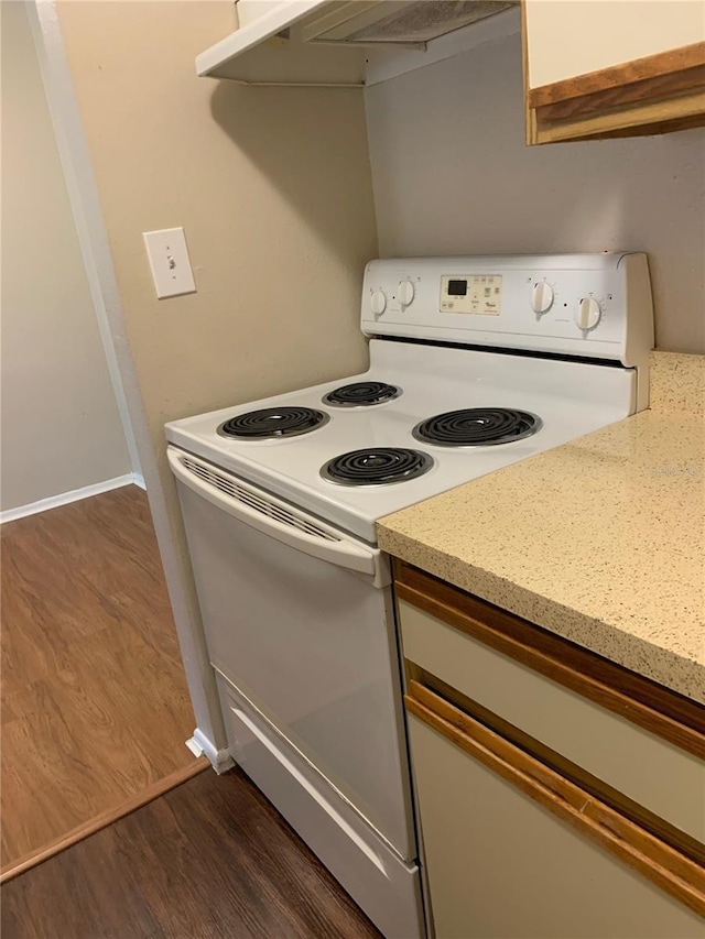 238 Afton Sq Unit 106, Altamonte Springs, FL 32714 - kitchen with electric stove, dark wood-type flooring, exhaust hood, and light stone countertops
