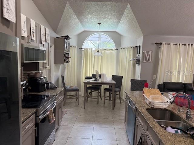 2514 Dovetail Dr, Ocoee, FL 34761 - kitchen with stainless steel appliances, a sink, vaulted ceiling, dark stone countertops, and a textured ceiling
