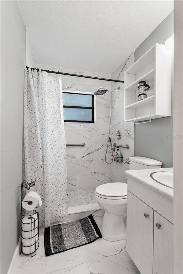 bathroom with marble finish flooring, toilet, a marble finish shower, and vanity