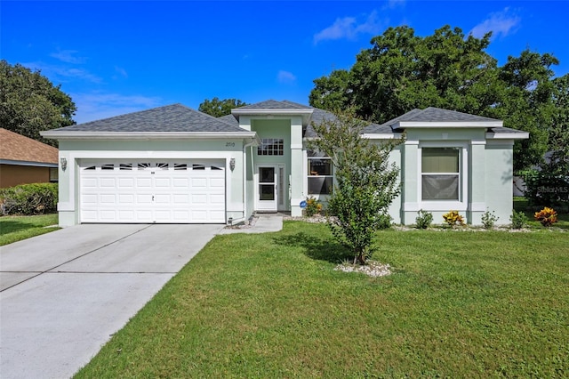 2710 Autumn Ln, Eustis, FL 32726 - ranch-style home featuring concrete driveway, an attached garage, stucco siding, a front lawn, and a shingled roof