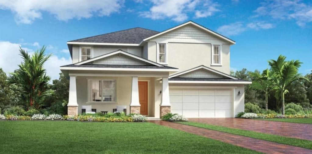 2521 Cedar Rose St, Apopka, FL 32712 - view of front of property with a garage, a front yard, decorative driveway, stucco siding, and roof with shingles