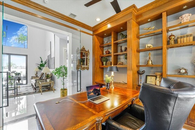 3924 SW 189th Ave, Miramar, FL 33029 - home office with crown molding, ceiling fan, built in shelves, recessed lighting, and tile patterned flooring