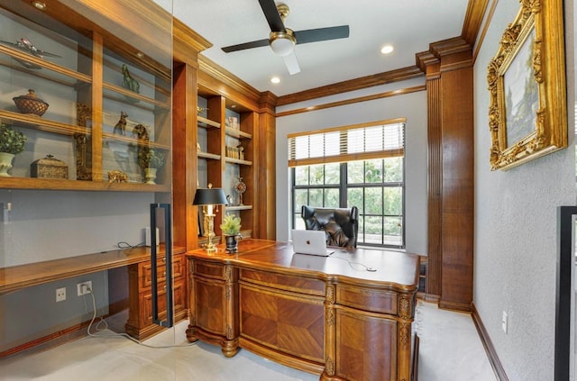 3924 SW 189th Ave, Miramar, FL 33029 - office space featuring ornamental molding, a textured wall, built in study area, ceiling fan, and baseboards