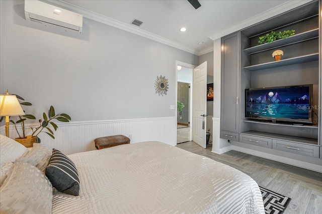 3924 SW 189th Ave, Miramar, FL 33029 - bedroom featuring an AC wall unit, wainscoting, crown molding, recessed lighting, and ceiling fan
