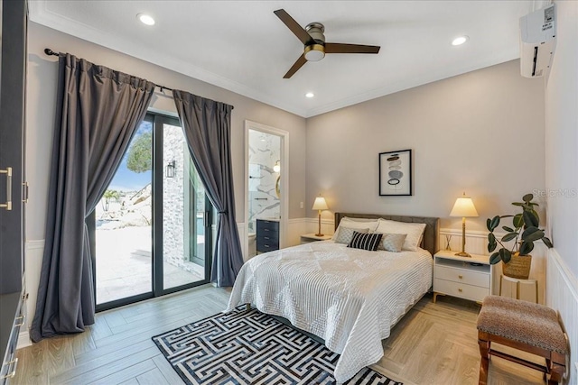 3924 SW 189th Ave, Miramar, FL 33029 - bedroom with a wall mounted AC, wainscoting, access to exterior, and a ceiling fan