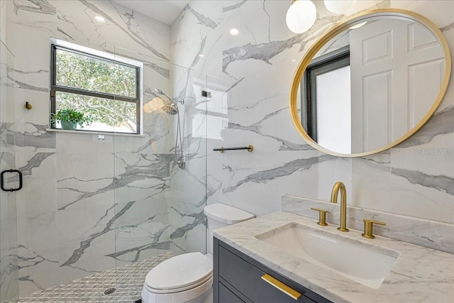 3924 SW 189th Ave, Miramar, FL 33029 - full bathroom featuring tile walls, a marble finish shower, toilet, and vanity