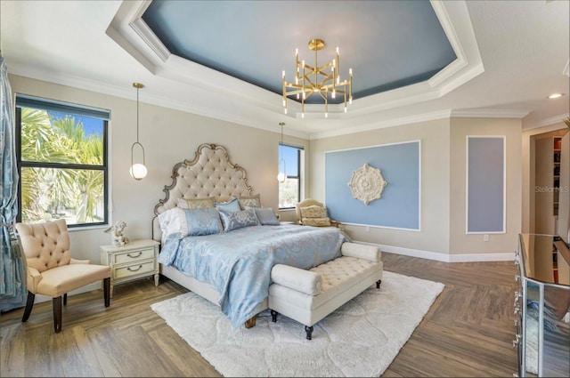 3924 SW 189th Ave, Miramar, FL 33029 - bedroom with a chandelier, a tray ceiling, crown molding, and baseboards