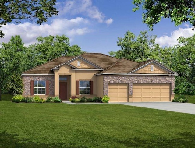 6 Fringetree Ct, Homosassa, FL 34446 - view of front of home featuring a garage, a front lawn, driveway, stucco siding, and stone siding