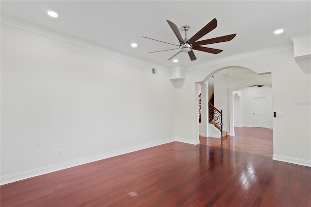 1254 Shelter Rock Rd, Orlando, FL 32835 - spare room with arched walkways, ceiling fan, wood finished floors, recessed lighting, and ornamental molding