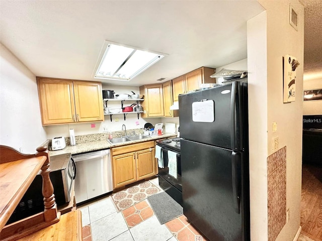 912 Lake Destiny Rd Unit F, Altamonte Springs, FL 32714 - kitchen with black appliances, a sink, open shelves, light tile patterned floors, and light brown cabinetry