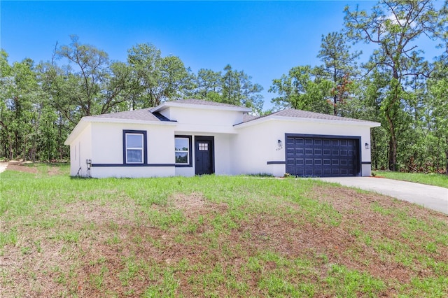 7229 N Gibralter Dr, Citrus Springs, FL 34434 - view of front of house featuring stucco siding, a garage, driveway, and a front yard