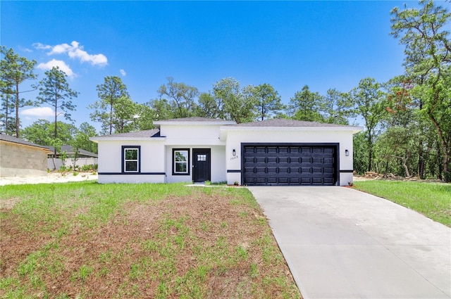 7229 N Gibralter Dr, Citrus Springs, FL 34434 - view of front of house with an attached garage, stucco siding, driveway, a front lawn, and roof with shingles