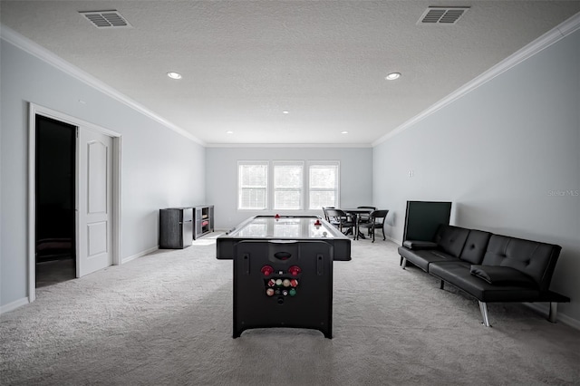 playroom with light colored carpet, crown molding, baseboards, a textured ceiling, and recessed lighting