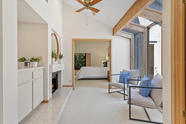 2652 Bent Hickory Cir, Longwood, FL 32779 - bedroom featuring light carpet, lofted ceiling, and a warm lit fireplace