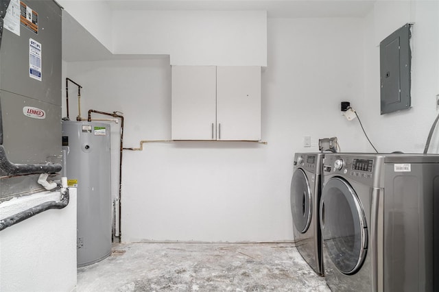 washroom with water heater, electric panel, washing machine and dryer, and heating unit