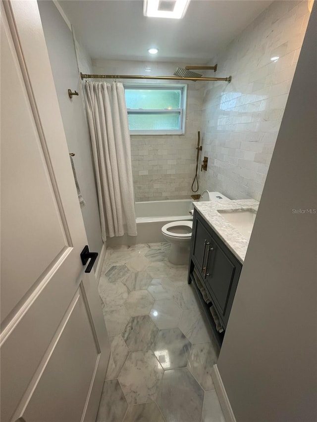 9153 86th Ave, Seminole, FL 33777 - full bath featuring marble look tiles, shower / tub combo, vanity, toilet, and recessed lighting