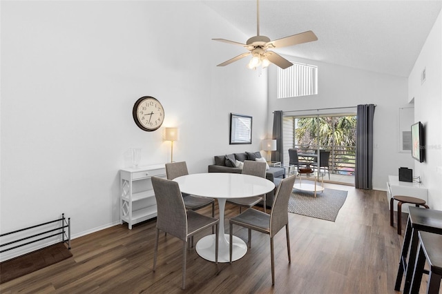 3900 Southpointe Dr Unit 127, Orlando, FL 32822 - dining room featuring high vaulted ceiling, a ceiling fan, wood finished floors, and baseboards