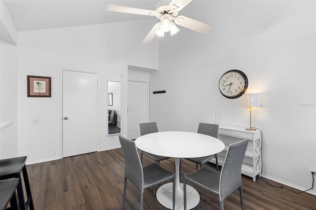 3900 Southpointe Dr Unit 127, Orlando, FL 32822 - dining area with ceiling fan, wood finished floors, high vaulted ceiling, and baseboards