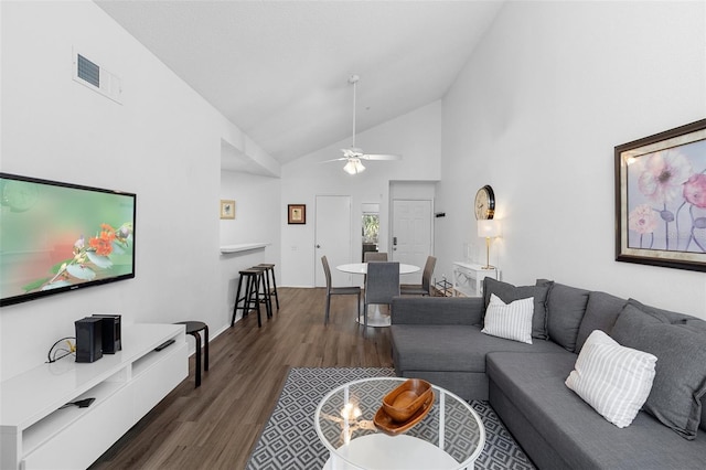 3900 Southpointe Dr Unit 127, Orlando, FL 32822 - living area featuring dark wood-style flooring, high vaulted ceiling, and ceiling fan