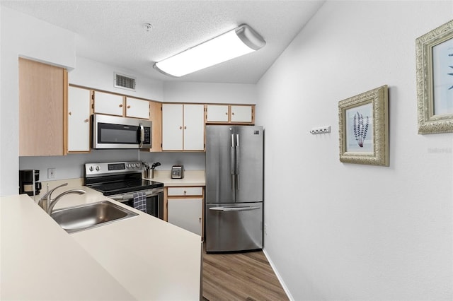 3900 Southpointe Dr Unit 127, Orlando, FL 32822 - kitchen with appliances with stainless steel finishes, a sink, wood finished floors, light countertops, and a textured ceiling