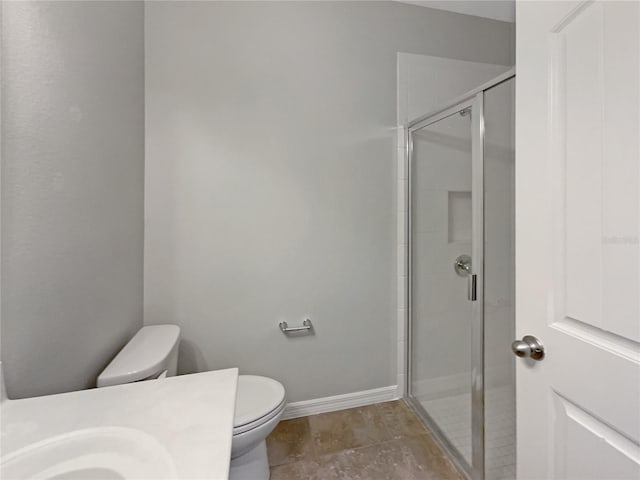 4010 Brookshire Cir, Eustis, FL 32736 - bathroom featuring toilet, a stall shower, baseboards, and vanity