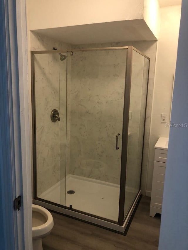 647 Madison Ave, Daytona Beach, FL 32114 - bathroom with wood finished floors, a stall shower, and vanity