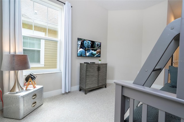 living area with carpet and baseboards