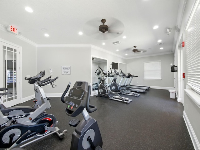 8215 Roseville Blvd, Davenport, FL 33896 - exercise room with a ceiling fan, recessed lighting, baseboards, and crown molding