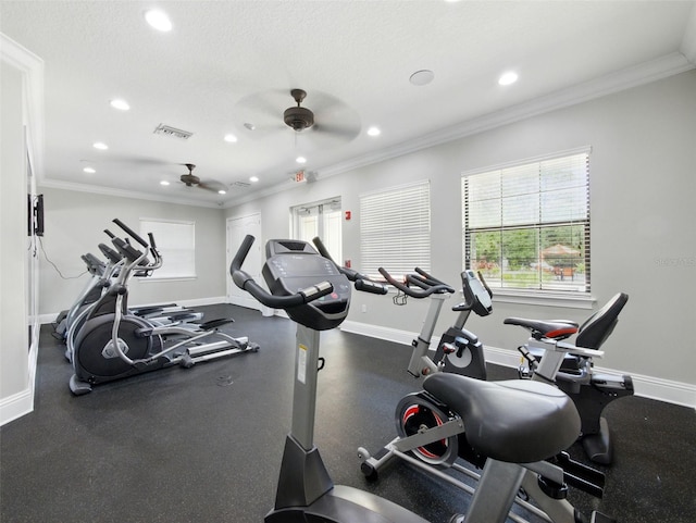 8215 Roseville Blvd, Davenport, FL 33896 - workout area featuring a ceiling fan, plenty of natural light, baseboards, recessed lighting, and crown molding
