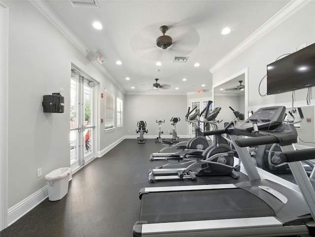 8215 Roseville Blvd, Davenport, FL 33896 - exercise room with ornamental molding, a ceiling fan, recessed lighting, and baseboards