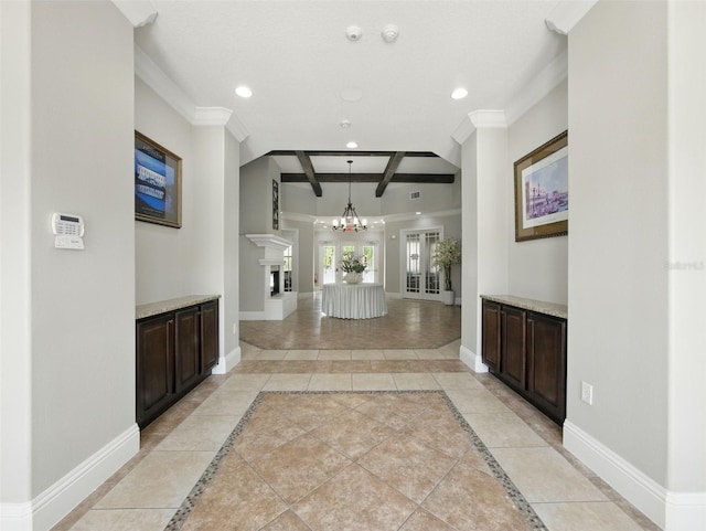8215 Roseville Blvd, Davenport, FL 33896 - foyer with recessed lighting, inlaid floor details, coffered ceiling, baseboards, and ornamental molding