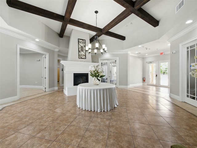 8215 Roseville Blvd, Davenport, FL 33896 - living room with a glass covered fireplace, beam ceiling, coffered ceiling, recessed lighting, and light tile patterned floors