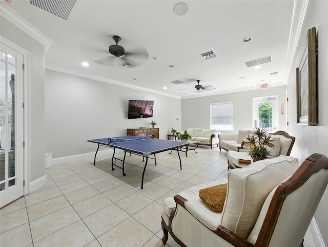 8215 Roseville Blvd, Davenport, FL 33896 - game room with a ceiling fan, light tile patterned floors, crown molding, recessed lighting, and baseboards