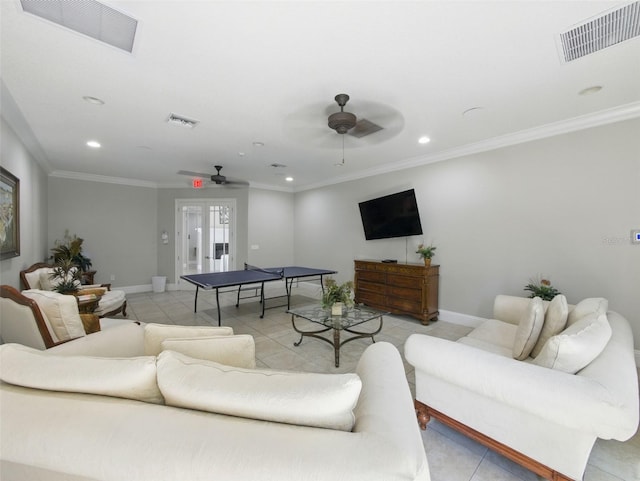 8215 Roseville Blvd, Davenport, FL 33896 - living area featuring a ceiling fan, light tile patterned floors, recessed lighting, baseboards, and crown molding