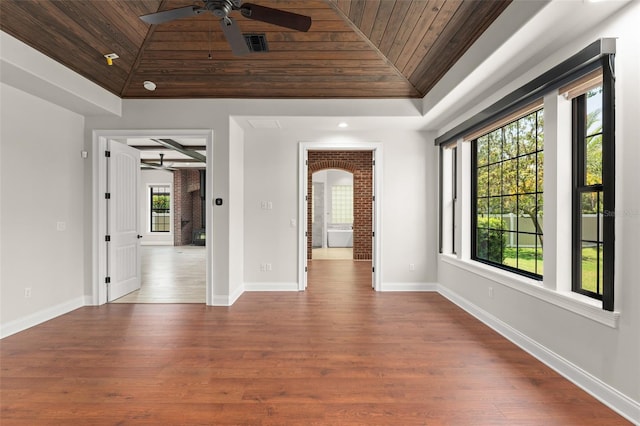 1741 Palmer Ave, Winter Park, FL 32789 - empty room with wood ceiling, ceiling fan, wood finished floors, and baseboards