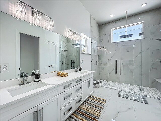 601 Green Briar Blvd, Altamonte Springs, FL 32714 - full bathroom featuring a marble finish shower, marble look tile flooring, double vanity, and recessed lighting