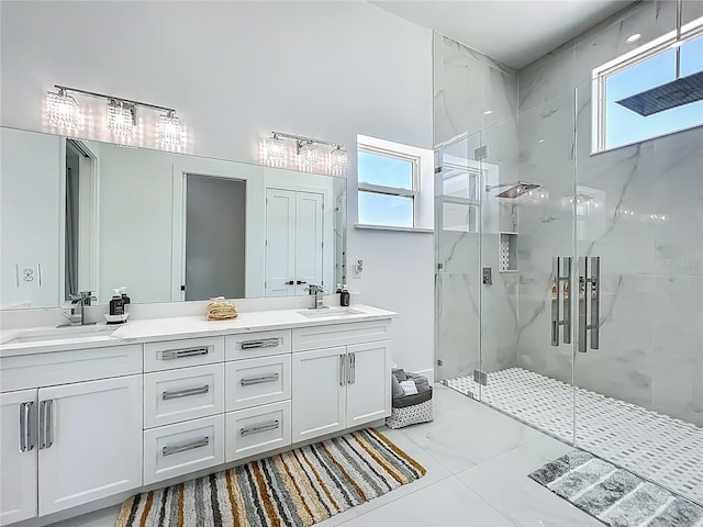 601 Green Briar Blvd, Altamonte Springs, FL 32714 - full bath featuring a marble finish shower, double vanity, tile patterned flooring, and a high ceiling
