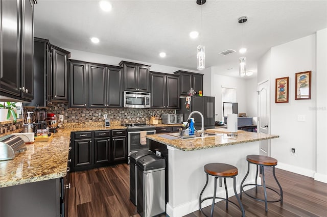 14095 Tropical Kingbird Way, Riverview, FL 33579 - kitchen with appliances with stainless steel finishes, dark wood-type flooring, a kitchen island with sink, backsplash, and recessed lighting