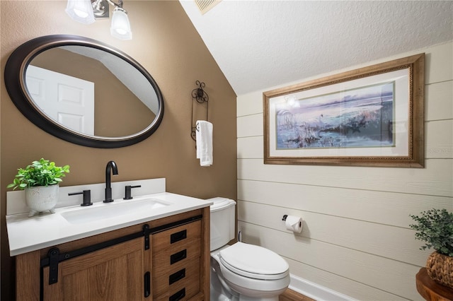 402 S Lake Victoria Cir, Deland, FL 32724 - half bath featuring toilet, vanity, vaulted ceiling, and wooden walls
