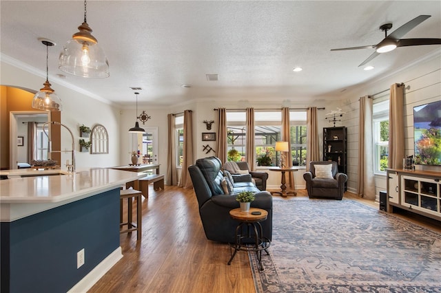 402 S Lake Victoria Cir, Deland, FL 32724 - living room featuring healthy amount of natural light, wood finished floors, a textured ceiling, ornamental molding, and ceiling fan