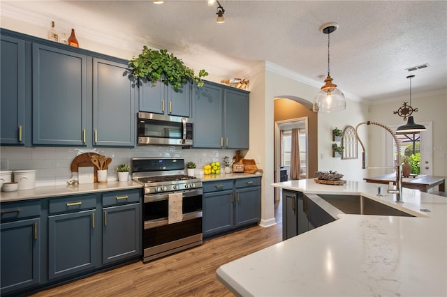 402 S Lake Victoria Cir, Deland, FL 32724 - kitchen with appliances with stainless steel finishes, a sink, backsplash, pendant lighting, and blue cabinetry