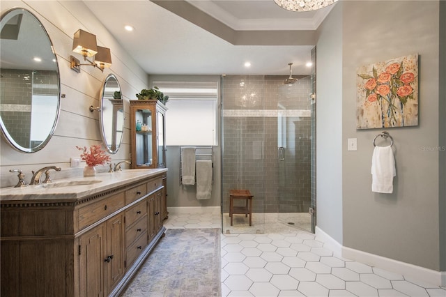 402 S Lake Victoria Cir, Deland, FL 32724 - full bath featuring crown molding, a shower stall, double vanity, baseboards, and tile patterned flooring