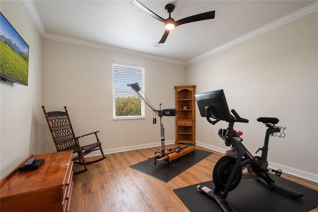 402 S Lake Victoria Cir, Deland, FL 32724 - exercise room featuring a ceiling fan, crown molding, light wood finished floors, baseboards, and a textured ceiling