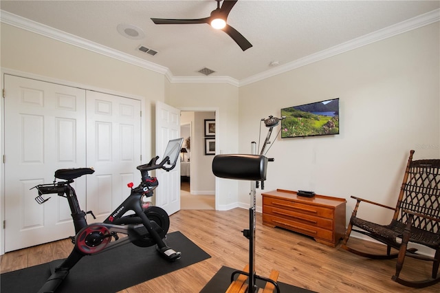 402 S Lake Victoria Cir, Deland, FL 32724 - workout area with ornamental molding, light wood-style floors, a ceiling fan, and baseboards