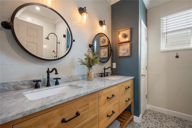 402 S Lake Victoria Cir, Deland, FL 32724 - bathroom featuring double vanity, ornamental molding, and baseboards